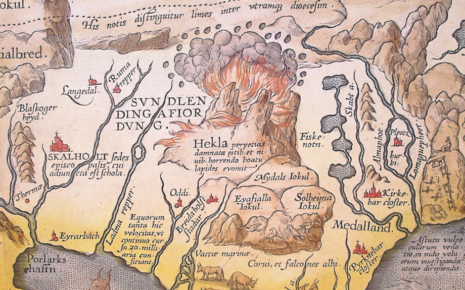 Dettaglio della mappa di Abraham Ortelius, mostra il vulcano Hekla in eruzione. 1585