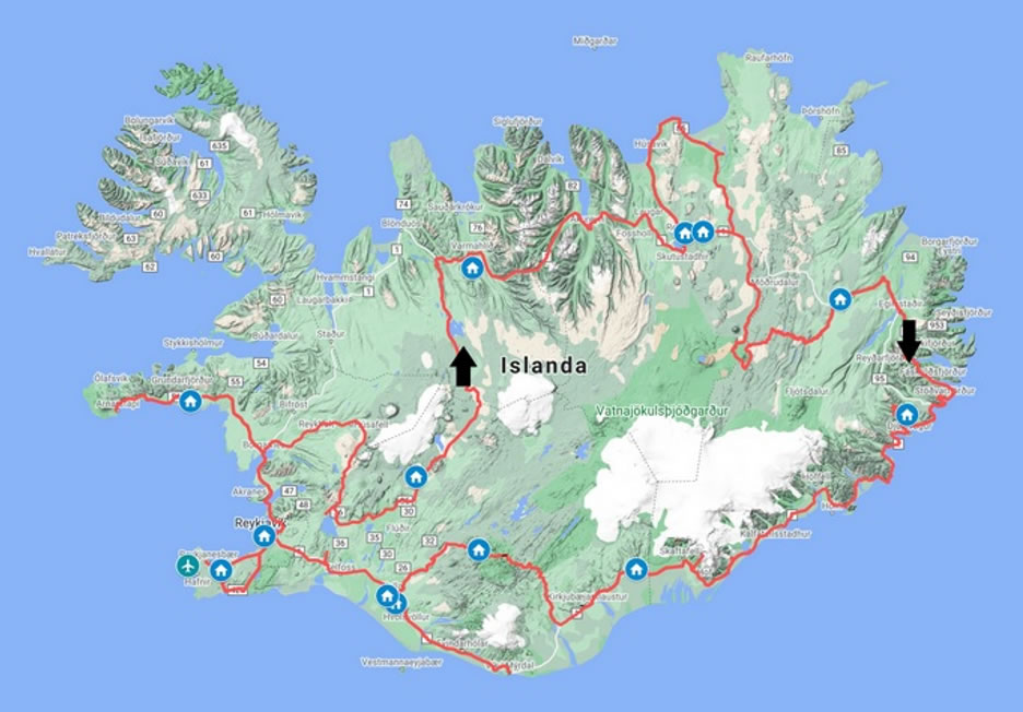 Cartina con tour in Islanda 14 giorni