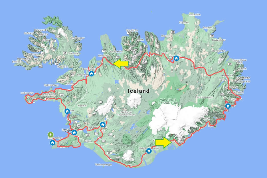 cartina con tour di 9 giorni in Islanda