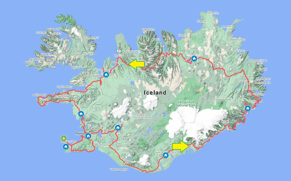 cartina tour invernale in Islanda - aurore boreali