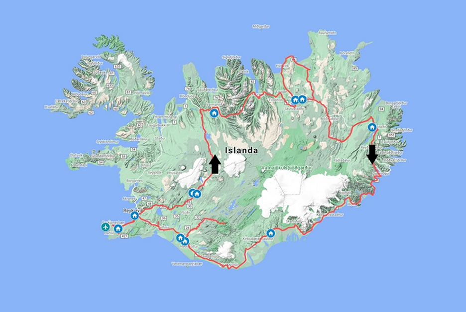 mappa con tour di 12 gg in Islanda